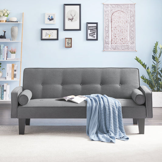 72" Gray Futon Fabric Sofa Bed With Removable Armrests